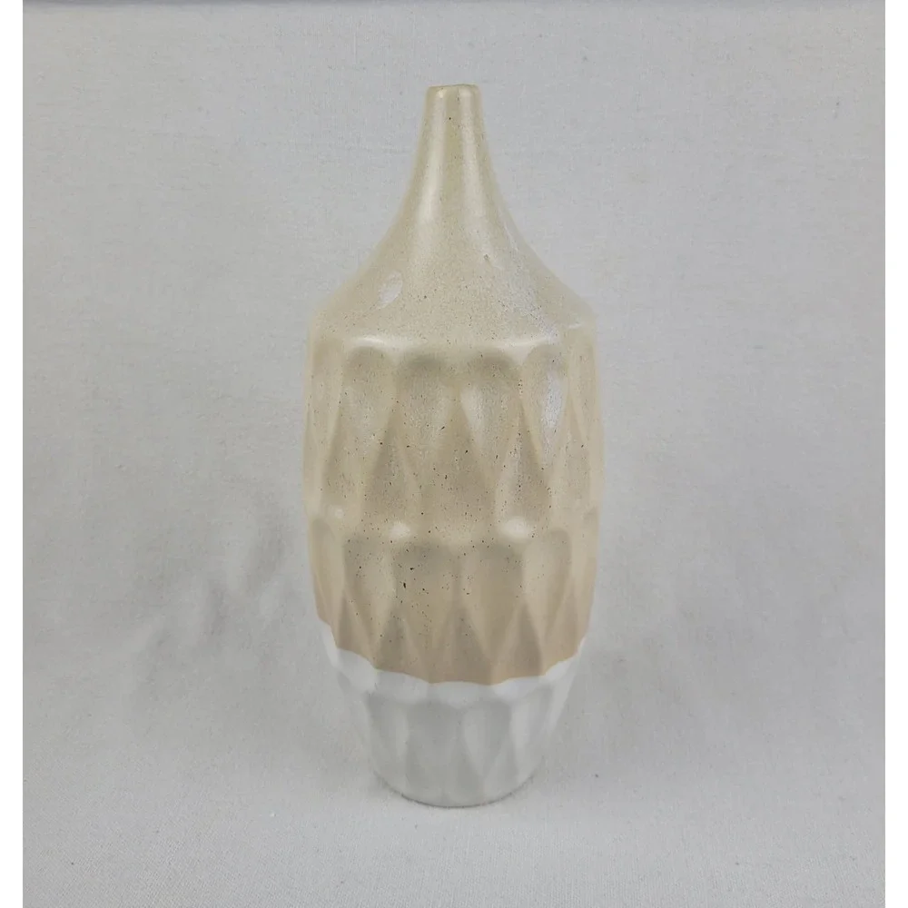 Modern Two Tone Geometric Ceramic Vase Textured Tan and White 11.25 Inch Decor‎